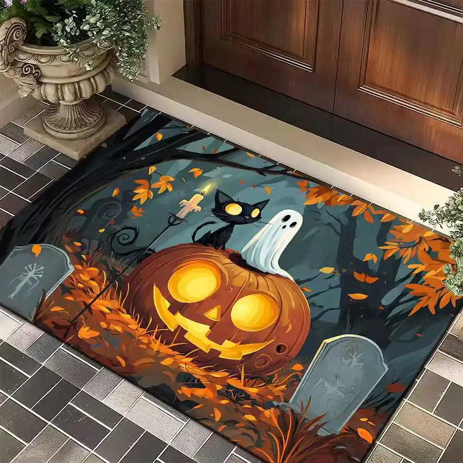 1pc Halloween Rug Lovely Cat Ghost Pumpkin 3D Print Non-slip Rug Entrance Mat Home Living Room Bedroom Ornament Halloween Decor
