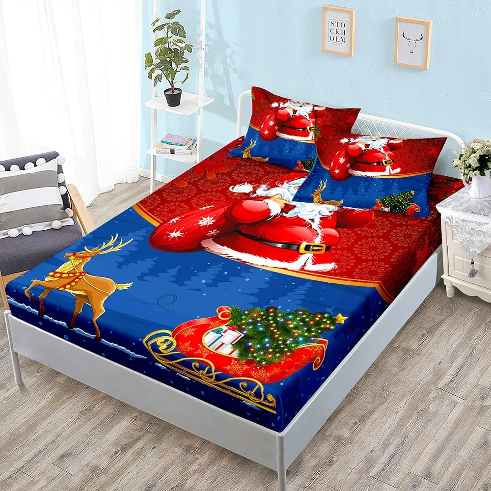 Winter Printed Fitted Sheet Santa Claus Snowflake Polyester Elastic Band Mattress Cover Pillowcase Fashion Bedding Bedroom Decor
