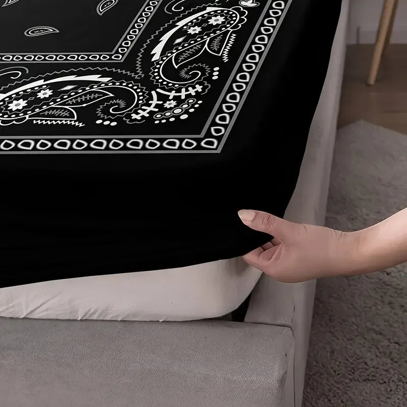Black Paisley Mandala Fitted Sheet Set Bohemian Style Mattress Covers Soft Breathable  With Deep Pocket for Bedroom